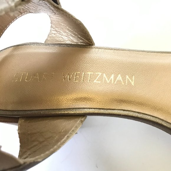 Stuart Weitzman Sandals Womens 6.5 Metallic Pewter Gold Leather Open Toe Shoes - Picture 6 of 13